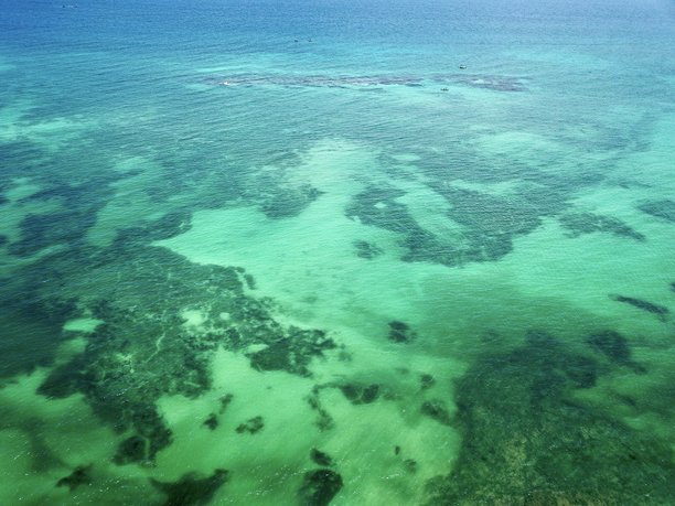 从空中俯瞰的墨西哥普拉亚德尔卡曼加勒比海和帕兰卡尔珊瑚礁的无人机照片图片下载