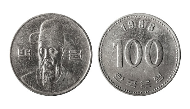 白底上孤立的1988年韩国100韩元硬币照片。图片下载