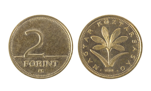 白色背景上孤立的2枚1999年匈牙利福林硬币照片。图片下载
