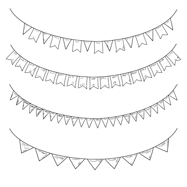 不同形状的旗帜组成的装饰花环，黑白素描。矢量插画。节日花环，剪影集，孤立在白色背景上。生日、圣诞节、新年和节日主题图片下载