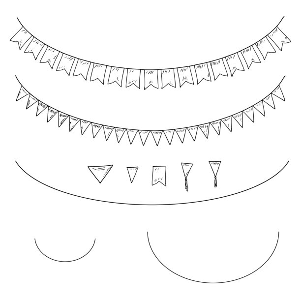 串旗制作套件，草图。矢量插画。不同剪影的旗帜、线，孤立在白色背景上。生日、圣诞节、新年及节日主题图片下载