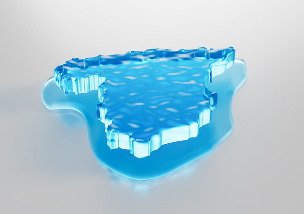 西班牙水冰地图 全球变暖 融化的冰川在深邃的蓝色海洋中 3D插画图片下载