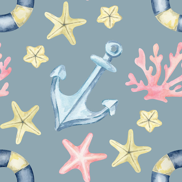 巨大的锚、米色海星和粉色珊瑚点缀着这张蓝色的水彩插画，这是一款手绘无缝图案，非常适合用于织物印花、产品标签、泳装和海滨配饰。图片下载