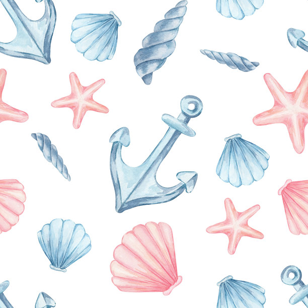 粉色贝壳、蓝色船锚和柔和海星组成的 this 手绘水彩无缝图案插画。非常适合夏季纺织品、包装纸、儿童产品、海滨文具。图片下载
