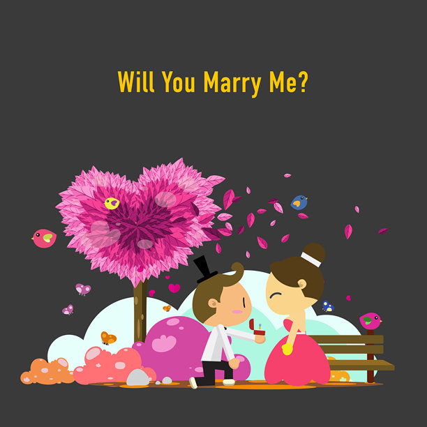 你愿意嫁给我吗？浪漫情侣与爱心树的可爱求婚插画图片下载