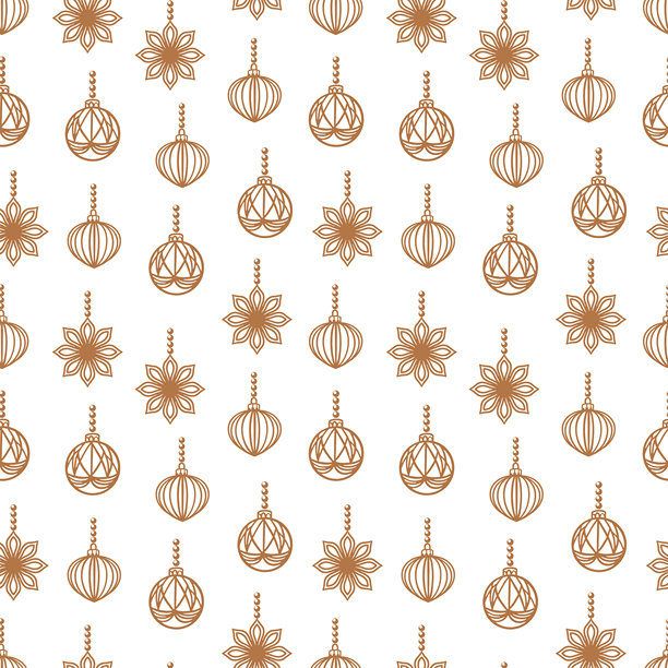 圣诞节无缝图案，饰有金色彩球和雪花。手绘矢量柔和线条艺术插图，适用于新年包装、纺织品和封面。图片下载