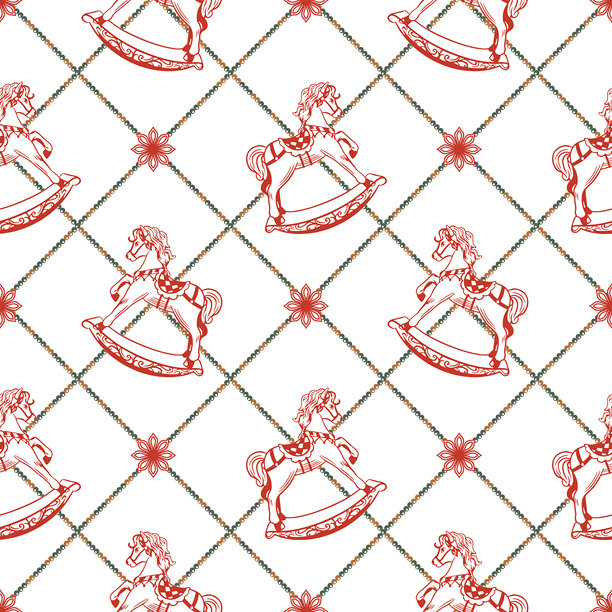 圣诞节无缝图案，饰有马匹和珠子，构成笼子的形状。手绘矢量柔和线条艺术插画，适用于新年包装、纺织品和封面。图片下载
