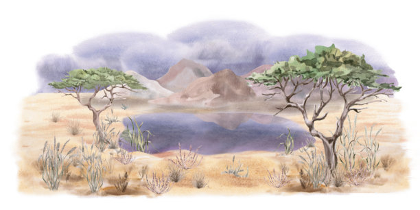 非洲景观，有山脉和湖泊。孤立的水彩插画，适用于旅行网站设计、室内设计、海报、明信片和日历。图片下载