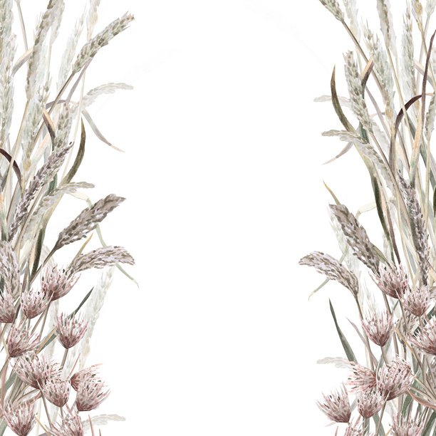 方形画框，内含草原植被。适用于环保项目、生态公园门票、包装设计及室内装饰的独立水彩插画。图片下载