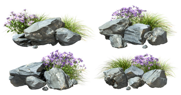 重岩装饰着草地和花朵，孤立在白色背景上，3D插画图片下载