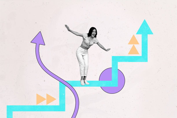 海报图像合成照片拼贴，快乐的女商人跳舞，象征发展概念、职业成长、目标、成就和机遇图片下载