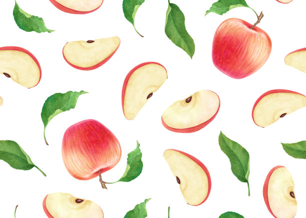 红熟苹果、水果切片和叶子的水彩无缝图案，在白色背景上重复出现图片下载
