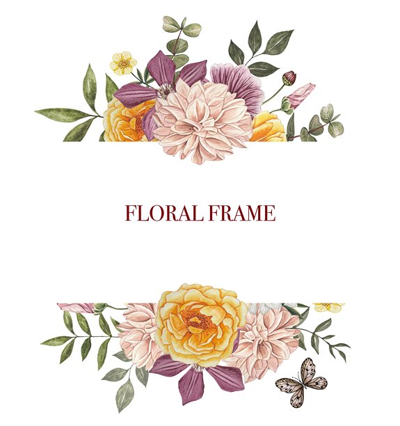 黄色玫瑰、大丽花、铁线莲、叶子的边框。手绘水彩插画。图片下载