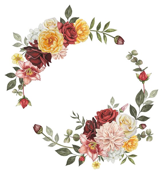 带有红色、黄色玫瑰、大丽花和叶子的花环。手绘水彩插画。图片下载