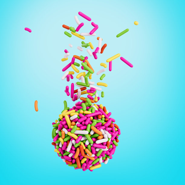彩色糖珠或彩针从上方落下，覆盖在巴西布里加迪罗甜点球上，三维插画图片下载