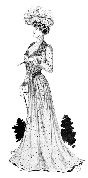 身着精致维多利亚时代连衣裙和花卉帽子的女士——她从容的侧身站姿和沉静的自信，为这幅精美的线条插画赋予了late-century（世纪末）的宁静雅致魅力图片下载