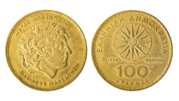 1994年希腊100德拉克马硬币的孤立照片，背景为白色。图片下载