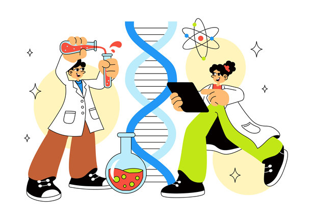 DNA研究实验室插画，包含血液检测和纳米技术实验室，背景为科技感十足的未来技术，并融入了科学与医疗元素图片下载