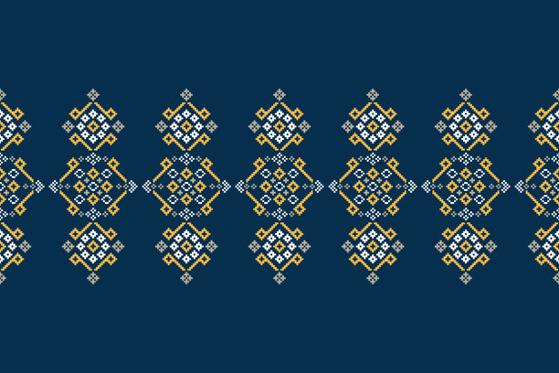 蓝色背景，带有民族风提花几何图案的传统伊卡特十字绣面料图案图片下载