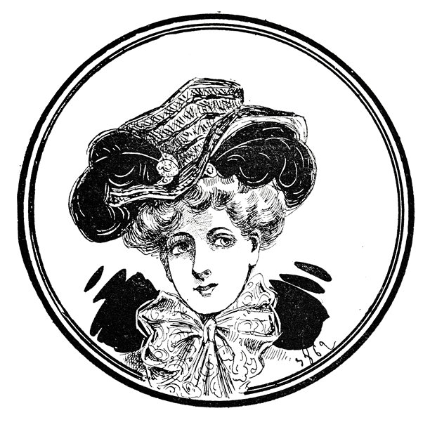 维多利亚时代宽檐帽饰蝴蝶结的优雅女士肖像——正面展示，目光却温柔地转向一侧，为圆形插画增添了永恒而优雅的魅力图片下载