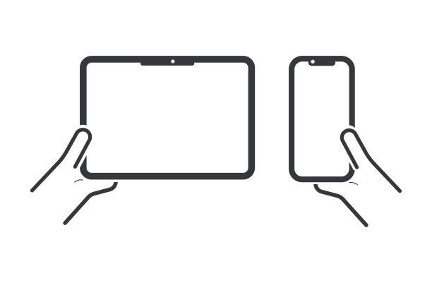 孤立的轮廓图，一只手拿着智能手机，另一只手拿着平板电脑，屏幕空白，可供复制。图片下载