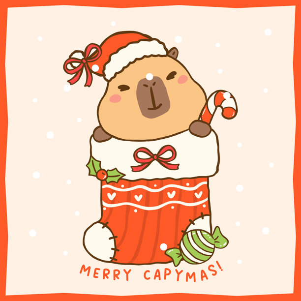 可爱温馨圣诞水豚袜，手绘涂鸦贺卡打印素材图片下载