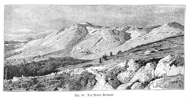 19世纪意大利地形图——蒙特·真纳罗山风景与登山步道矢量插画图片下载