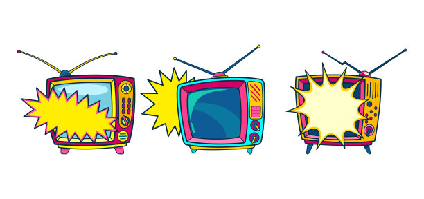 漫画复古电视图标，采用波普艺术复古漫画风格。卡通复古70年代、80年代电视。矢量插画图片下载