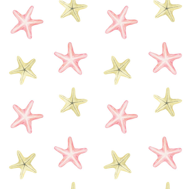 粉色和黄色的海星以柔和的色调构成了这幅水彩插画和手绘无缝图案，非常适合夏季纺织品、儿童面料、文具套装和包装纸。图片下载