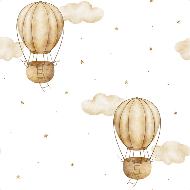 复古水彩图案，米色云朵中的热气球，点缀着星星。手绘插画，独立于背景。儿童纺织品、包装、服装、托儿所壁纸的无缝印花。图片下载