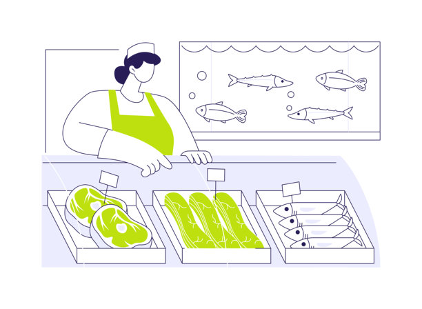 肉类和鱼类部门的卡通矢量插画，孤立的。图片下载