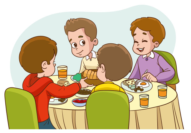 一群孩子一起吃午餐的矢量插画。快乐的孩子们独自吃早餐图片下载