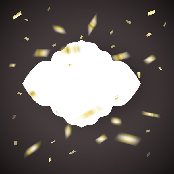 金色纸屑爆炸，带有华丽空白标签，背景为深色，用于文本框。矢量模板，适用于婚礼请柬、贺卡、包装、品牌设计、社交媒体或媒体。图片下载