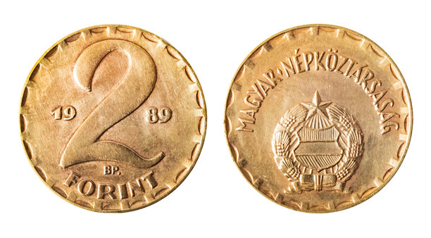 白色背景上孤立的2福林匈牙利1989年硬币照片。图片下载