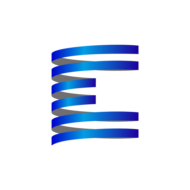 抽象蓝丝带螺旋构成字母E标志，适用于现代品牌形象。图片下载