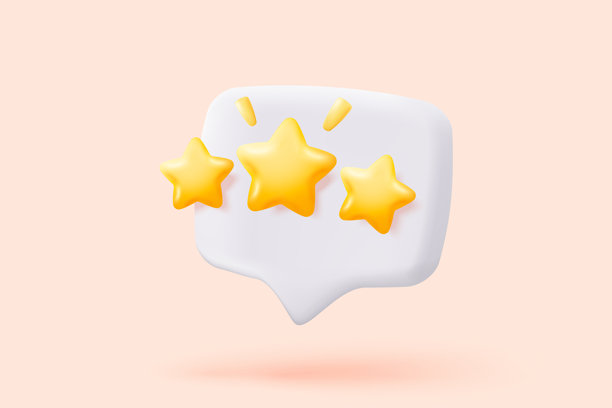 3D星级评分，代表最佳卓越服务。满意度结果评分以对话气泡形式呈现。用于质量客户评分反馈、产品奖项评选。3D星标矢量渲染插画图片下载