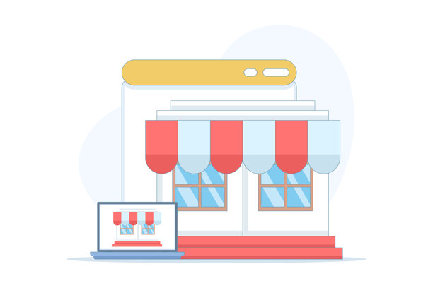 扁平化的网上商店网站插画，数字零售市场的虚拟商店页面，电子商务平台软件，技术开发，现代在线商业概念。图片下载