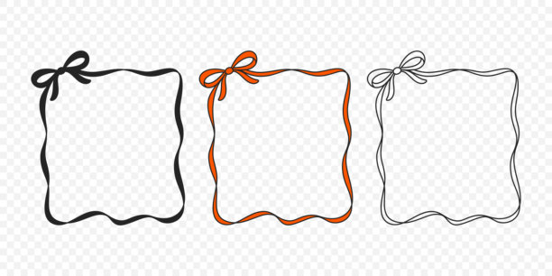 波浪形丝带边框套装带蝴蝶结，矢量插画。波浪形方形边框，丝带边框轮廓。用于邀请函、贺卡、标签、贴纸、剪贴簿、包装设计的丝带边框徽章图片下载