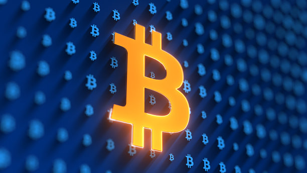 飞越明亮的金色霓虹发光图案比特币BTC标志符号图形 - 4K无缝VJ循环动态背景动画4K素材视频图片下载