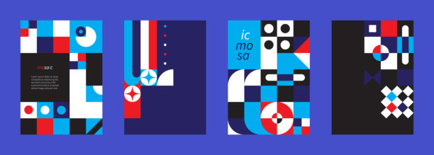 马赛克海报模板。带有几何形状图案的抽象背景。黑色、白色、蓝色和红色。用于商业、广告、项目的海报设计元素等。矢量插画。图片下载