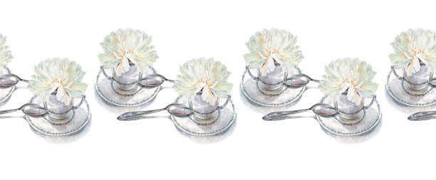 水彩无缝边框，描绘杯中牡丹，配有勺子，背景为白色。手绘的春夏淡雅花卉，适合婚礼。作为贴纸或包装的边缘。野花，可用作壁纸和贺卡。图片下载