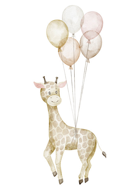 长颈鹿水彩插画，带有气球。一只小长颈鹿的画作，色彩柔和。适合托儿所海报、婴儿送礼会贺卡和生日请柬。非洲草原动物艺术。图片下载