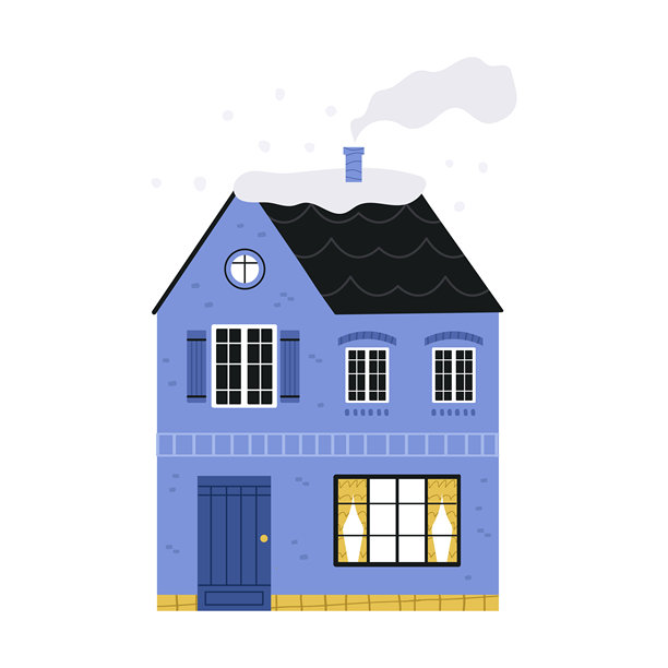 带积雪屋顶和发光窗户的舒适冬季房屋外观插画图片下载