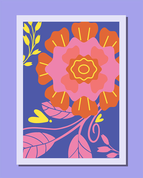 迷幻花卉海报。粉色花朵带红色花瓣。盛开的花草。春季或夏季。模板和布局。扁平化矢量插画图片下载