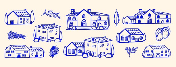 一套包含各种欧洲房屋、柠檬、丝柏和橄榄枝的素材。意大利风格的矢量设计元素，素描风格。手绘风格的村庄集合。图片下载