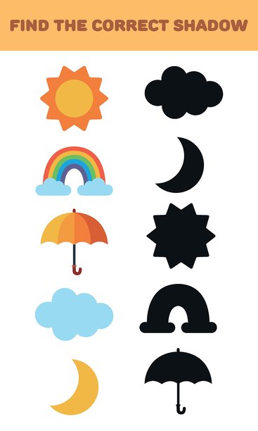寻找正确的影子。天气元素。儿童教育游戏。矢量插画。图片下载