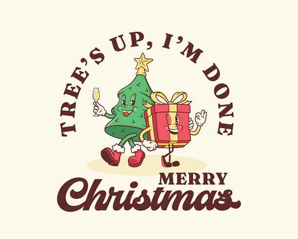 圣诞复古漫画风格的圣诞老人、松树和礼物盒。卡通圣诞人物T恤插画。矢量冬季节日吉祥物模板背景。快乐的复古酷炫插画，孤立的元素。图片下载