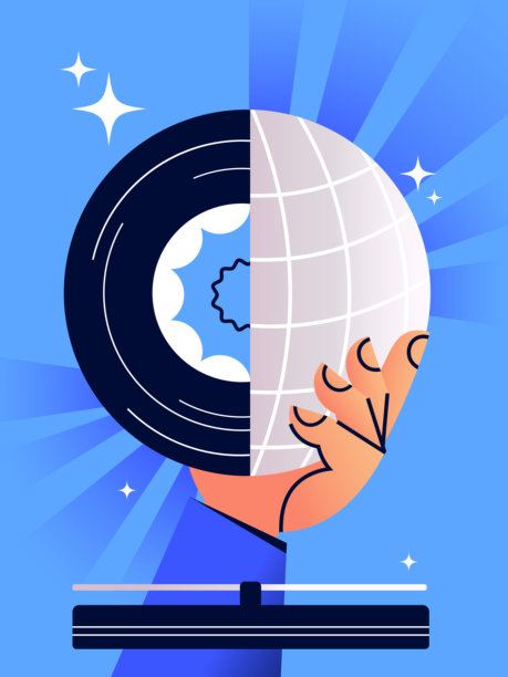 蓝底手持地球与唱片的插画图片下载