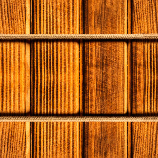 烧焦松木板或盾牌表面的无缝4K照片纹理，带有绳索。图片下载