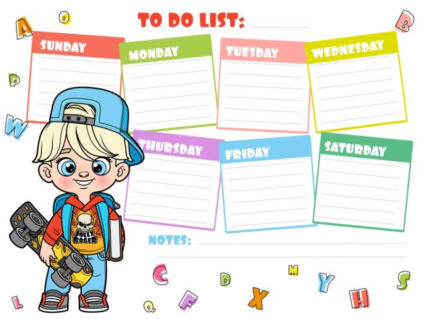 可爱的卡通小男生手持滑板、背着书包，制定本周写作计划的待办事项列表图片下载